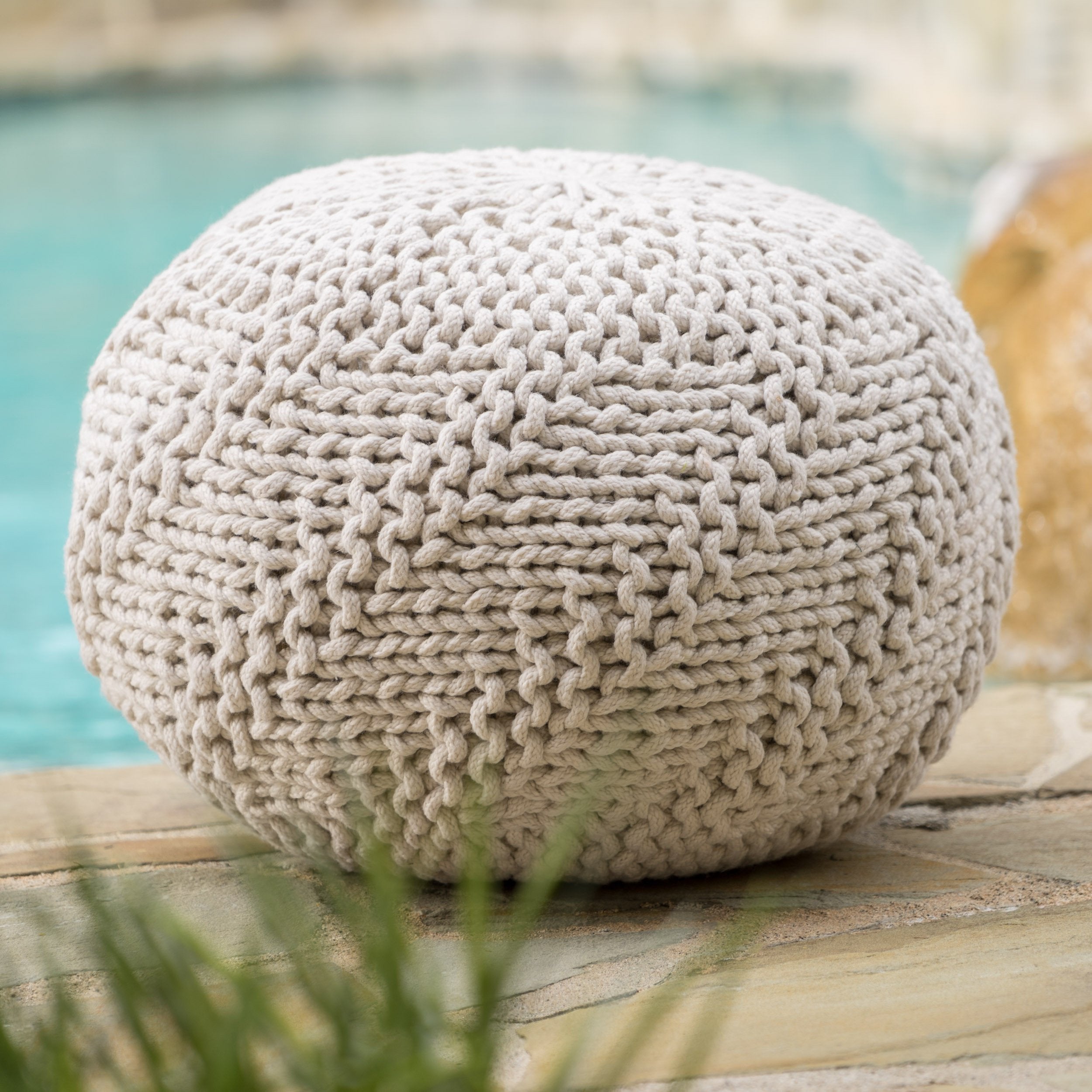 GDF Studio Ashbury Outdoor Boho Round Hand-Crafted Knitted Ottoman Pouf