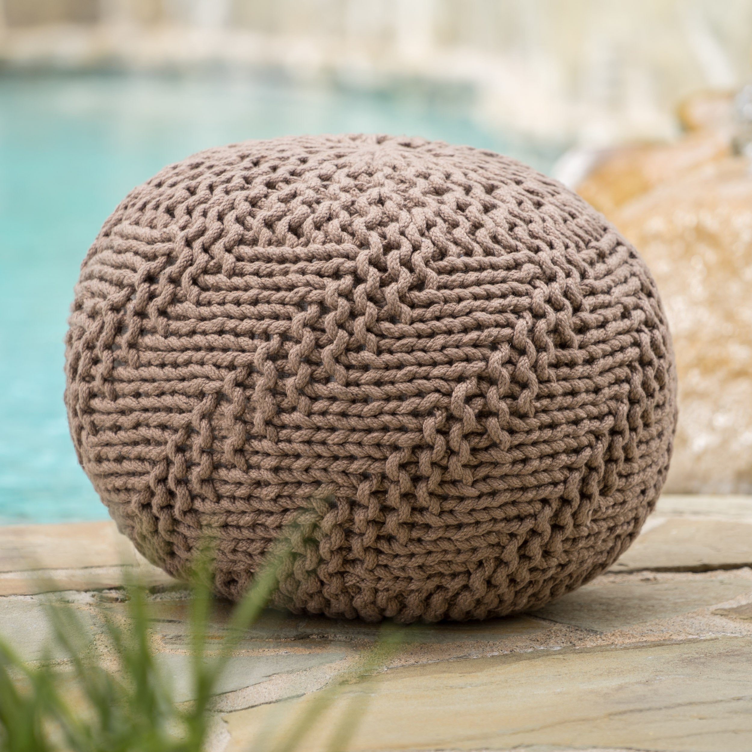GDF Studio Ashbury Outdoor Boho Round Hand-Crafted Knitted Ottoman Pouf
